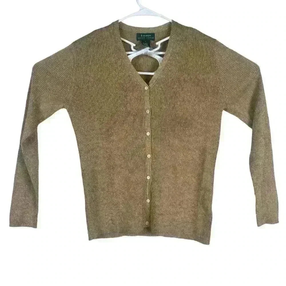 Lauren Ralph Lauren Shirt Womens Large‎ Gold Sparkle Metallic LS Button V-Neck